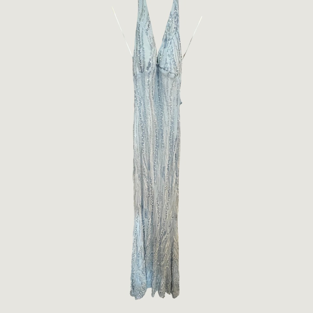 Windsor Light Blue Sequin Pearl Beaded Halter Neck Formal HC Maxi Dress XS NEW